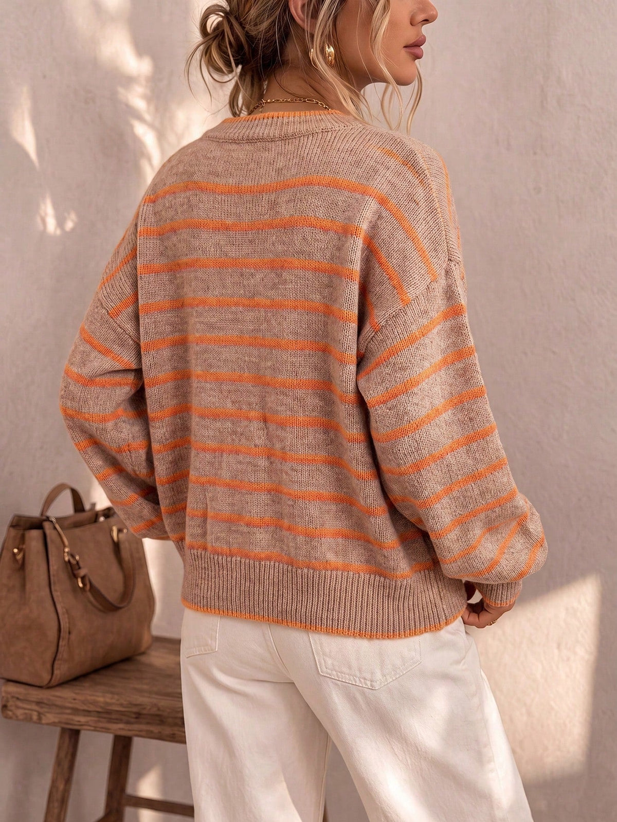 Prunella Striped Button Front Cardigan - Beige and Orange Stripe
