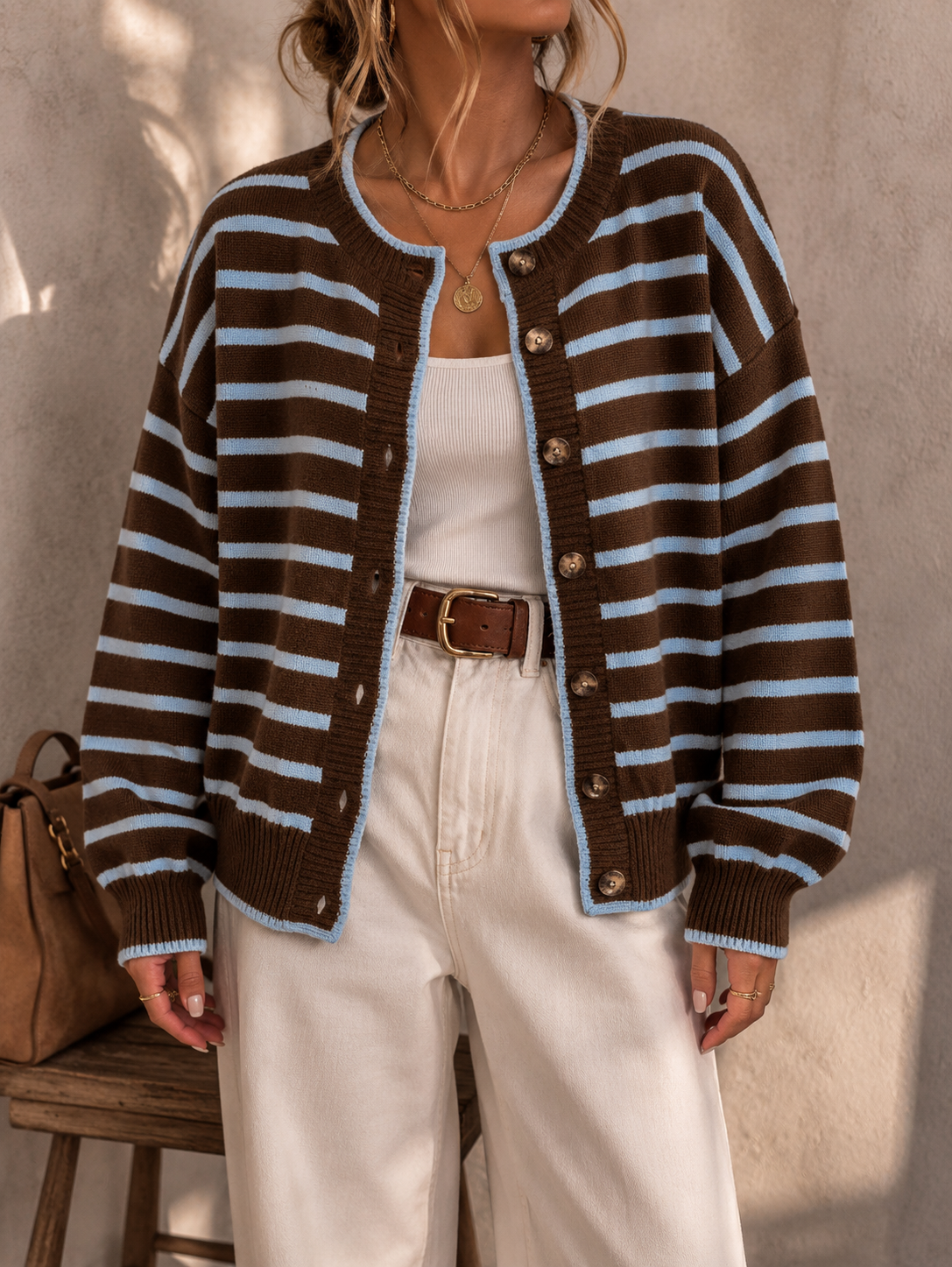 Prunella Striped Button Front Cardigan - Brown and Baby Blue Stripe