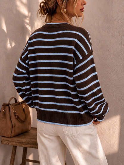 Prunella Striped Button Front Cardigan - Brown and Baby Blue Stripe