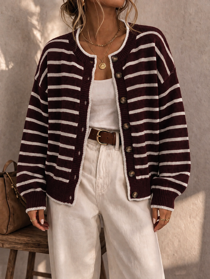 Prunella Striped Button Front Cardigan - Burgundy and White Stripe