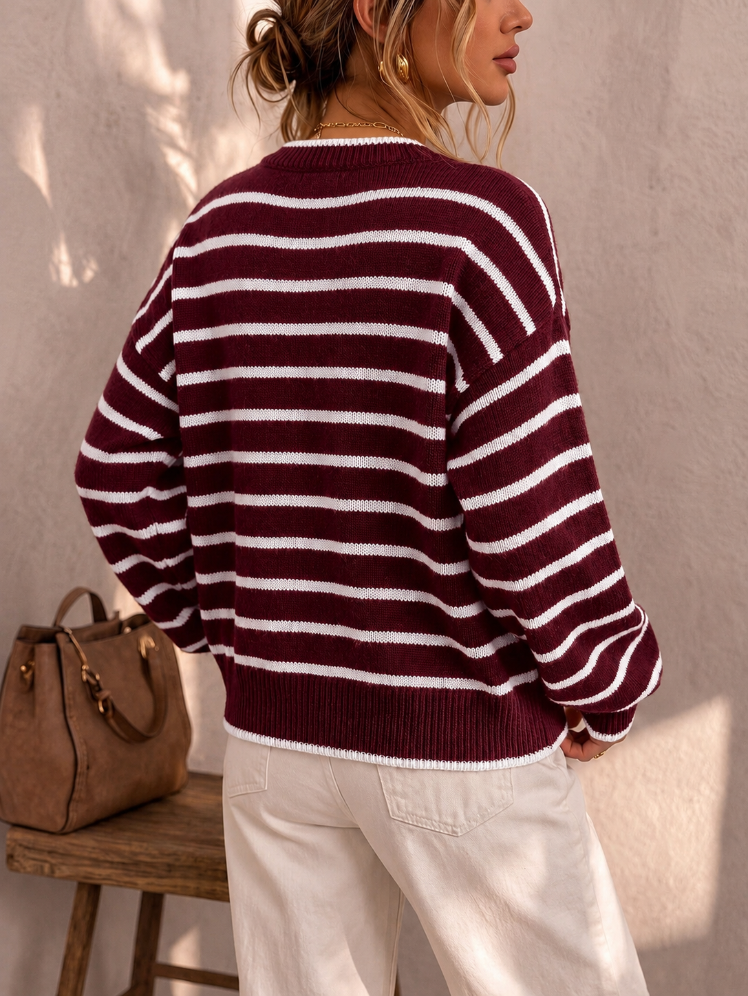 Prunella Striped Button Front Cardigan - Burgundy and White Stripe