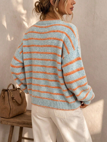 Prunella Striped Button Front Cardigan - Light Blue and Orange Stripe