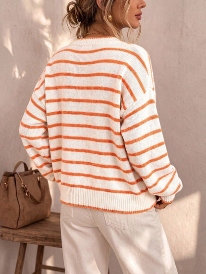 Prunella Striped Button Front Cardigan - White and Orange Stripe