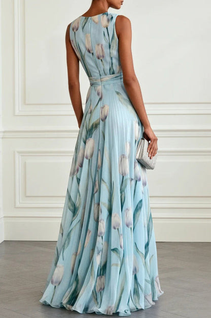 Quinley V-Neck Floral Maxi Dress - Aqua Blue
