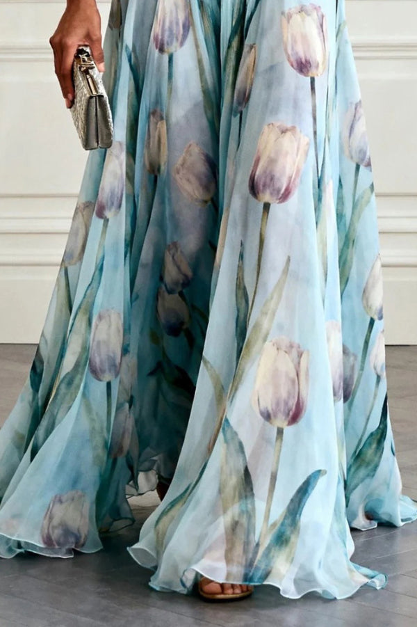 Quinley V-Neck Floral Maxi Dress - Aqua Blue