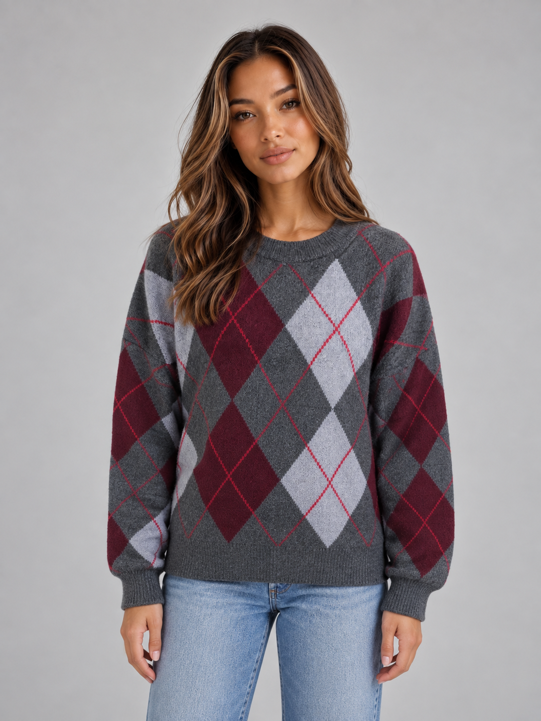 Rachael Contrast Argyle Sweater - Gray Argyle