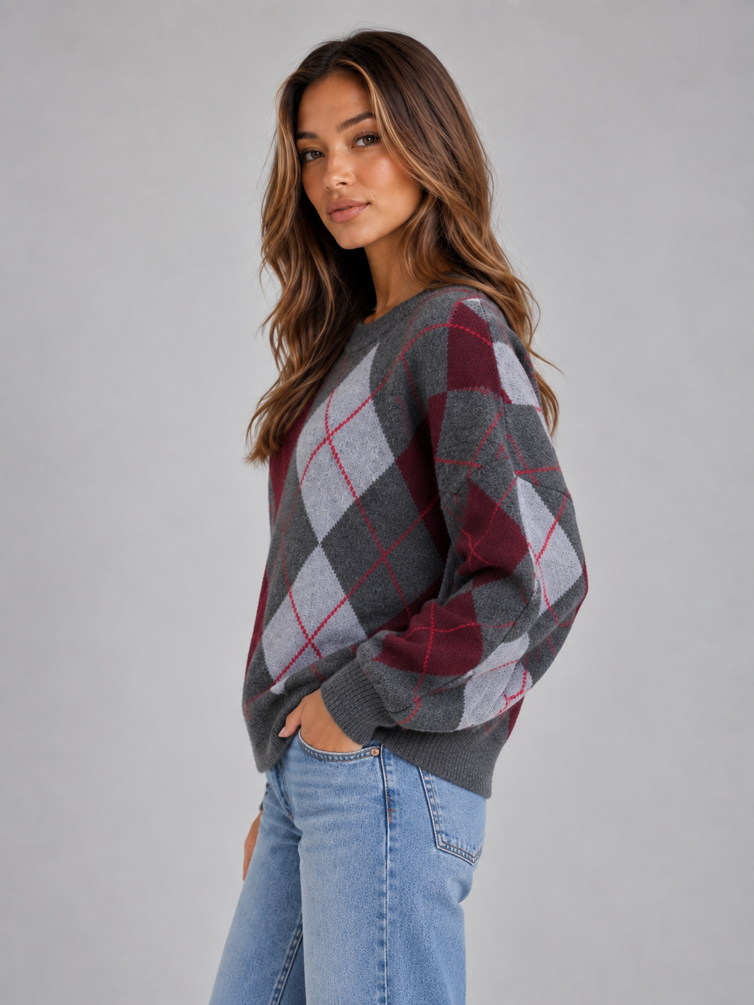 Rachael Contrast Argyle Sweater - Gray Argyle