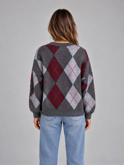 Rachael Contrast Argyle Sweater - Gray Argyle