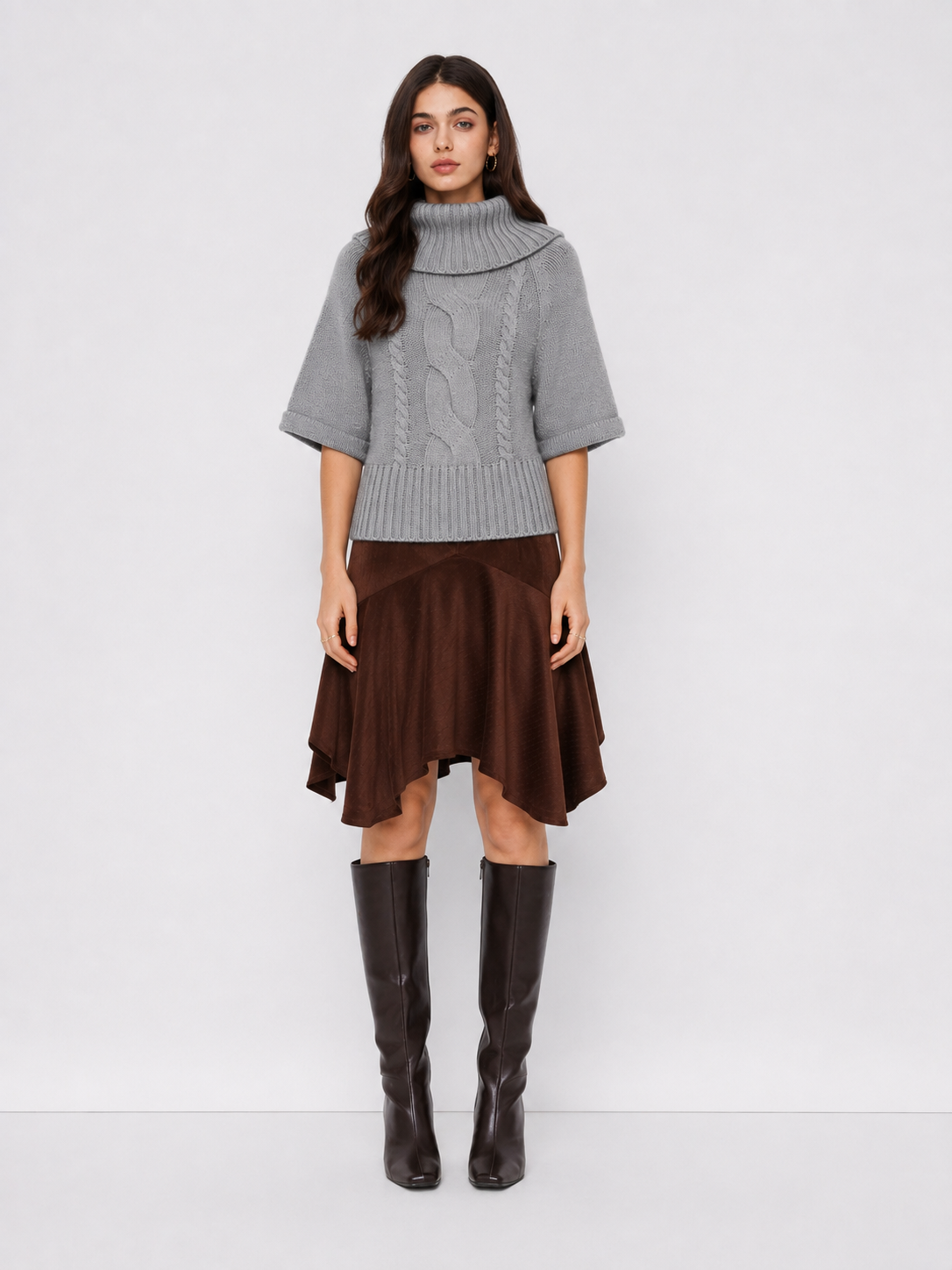 Raelyn Wide Neck Cable Knit Sweater - Gray