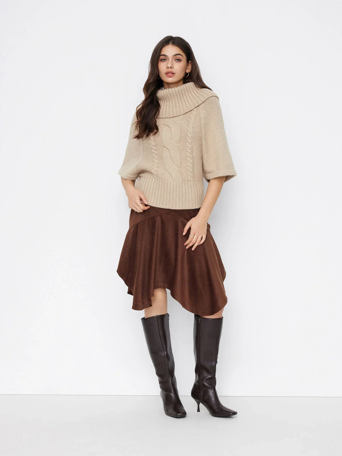 Raelyn Wide Neck Cable Knit Sweater - Khaki