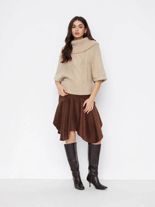 Raelyn Wide Neck Cable Knit Sweater - Khaki