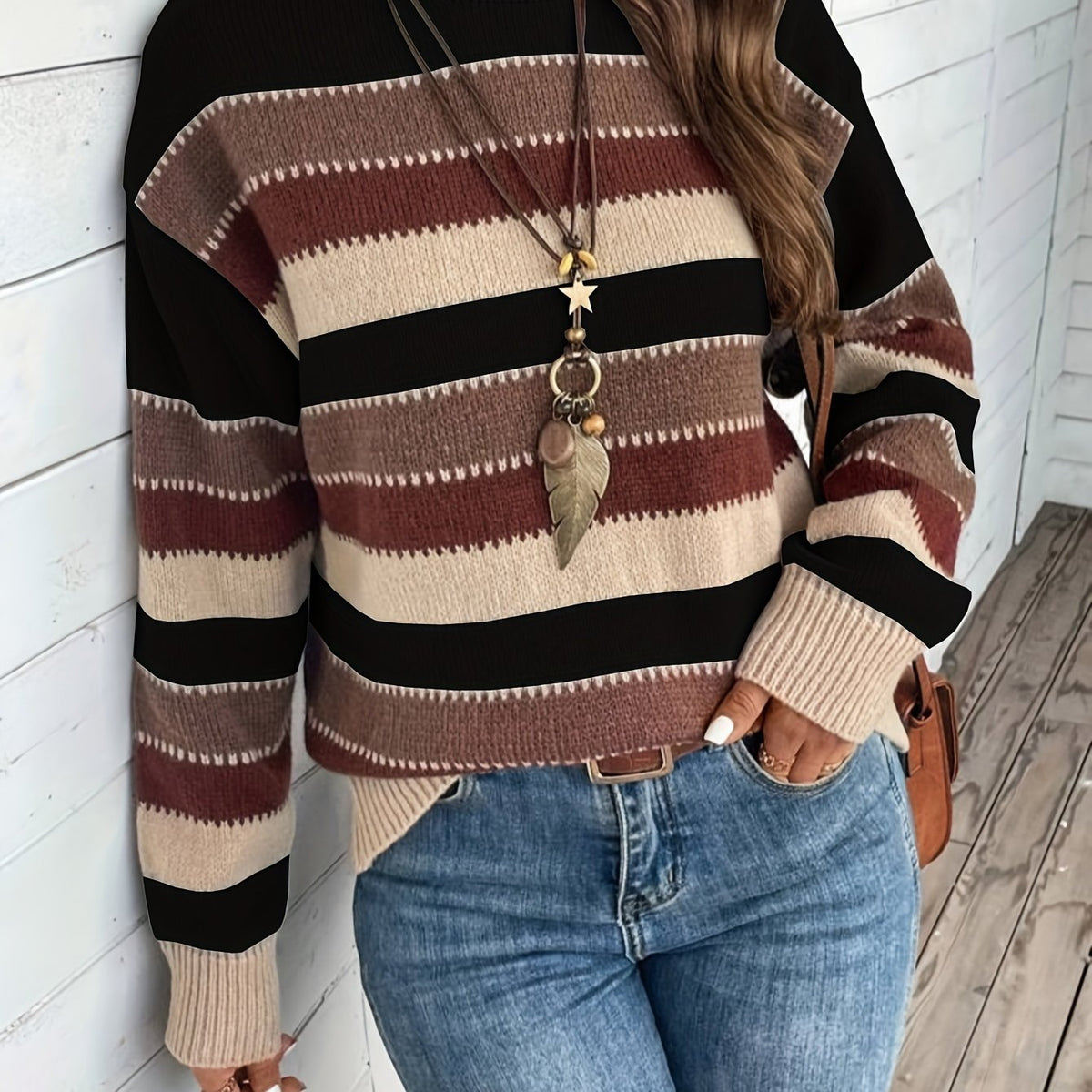 Reeva Striped Round Neck Sweater - Black and Burgundy Stripe