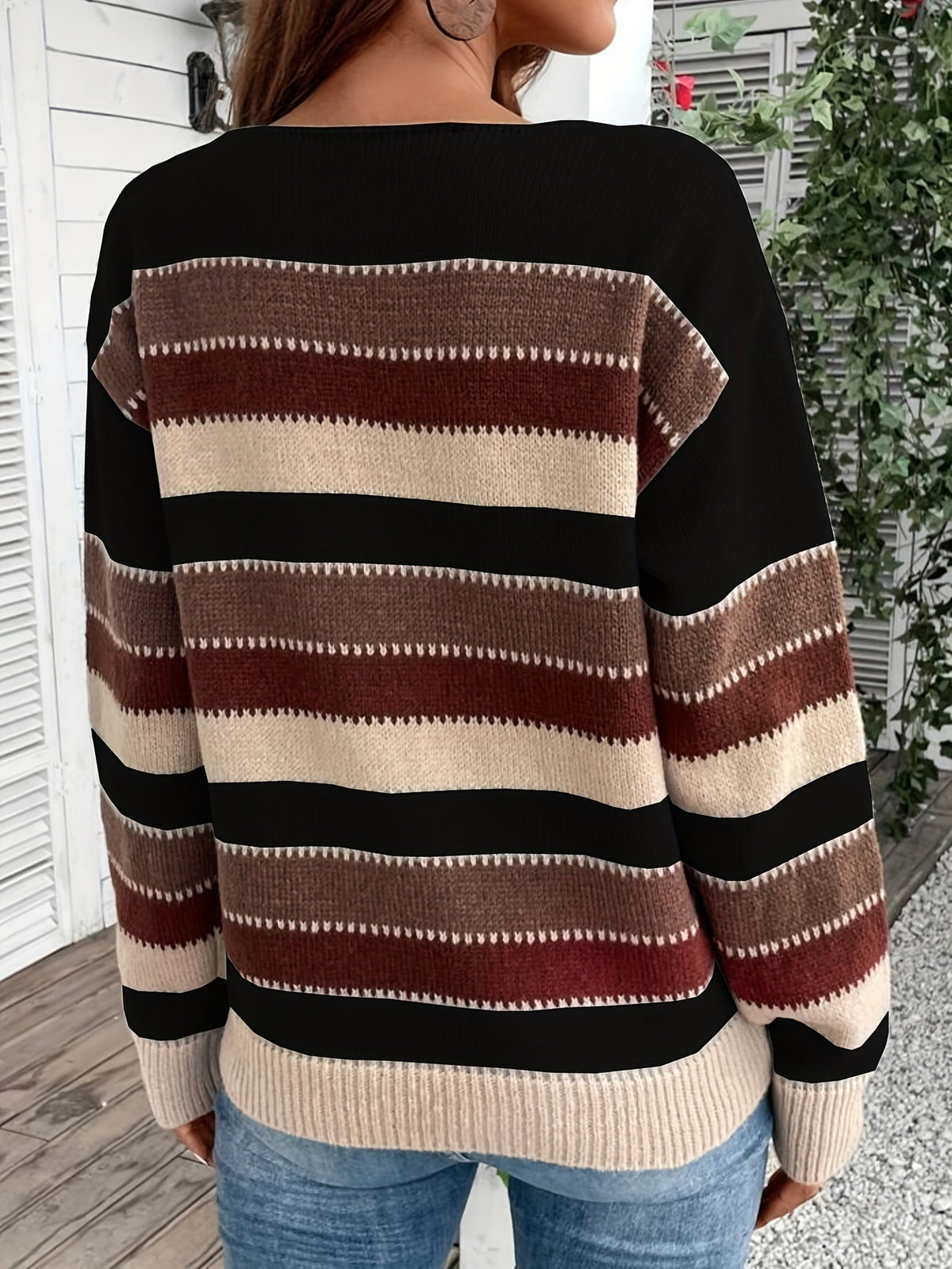 Reeva Striped Round Neck Sweater - Black and Burgundy Stripe