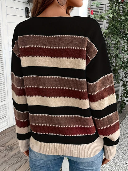 Reeva Striped Round Neck Sweater - Black and Burgundy Stripe
