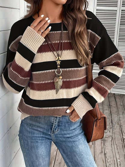 Reeva Striped Round Neck Sweater - Black and Burgundy Stripe