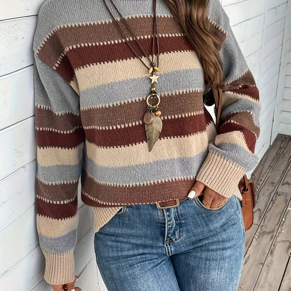 Reeva Striped Round Neck Sweater - Gray and Brown Stripe