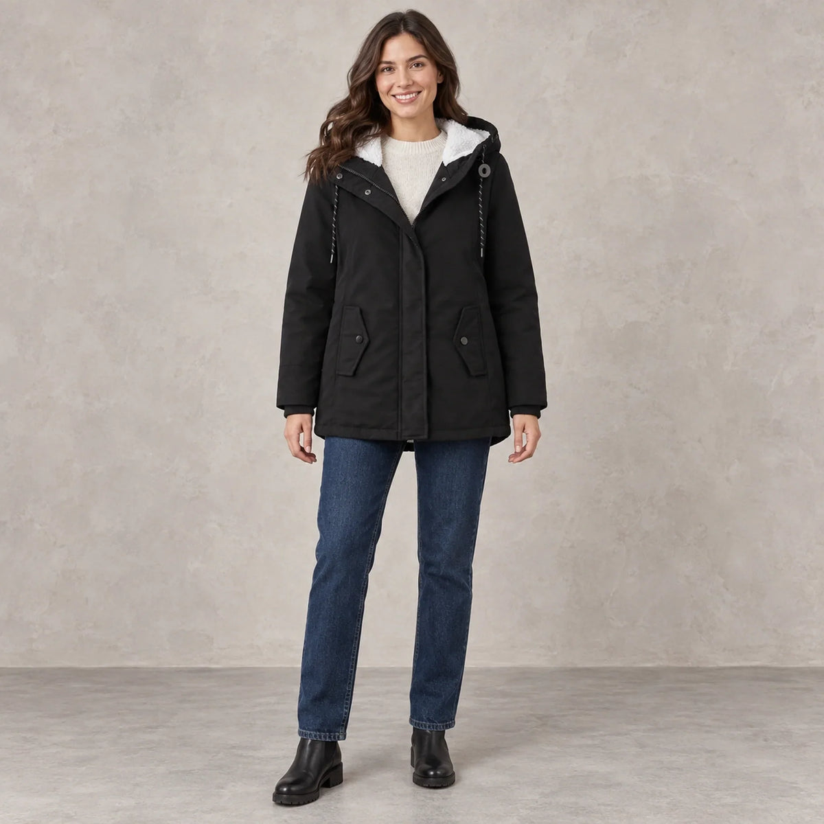 Renske Fleece Lined Hooded Parka - Black