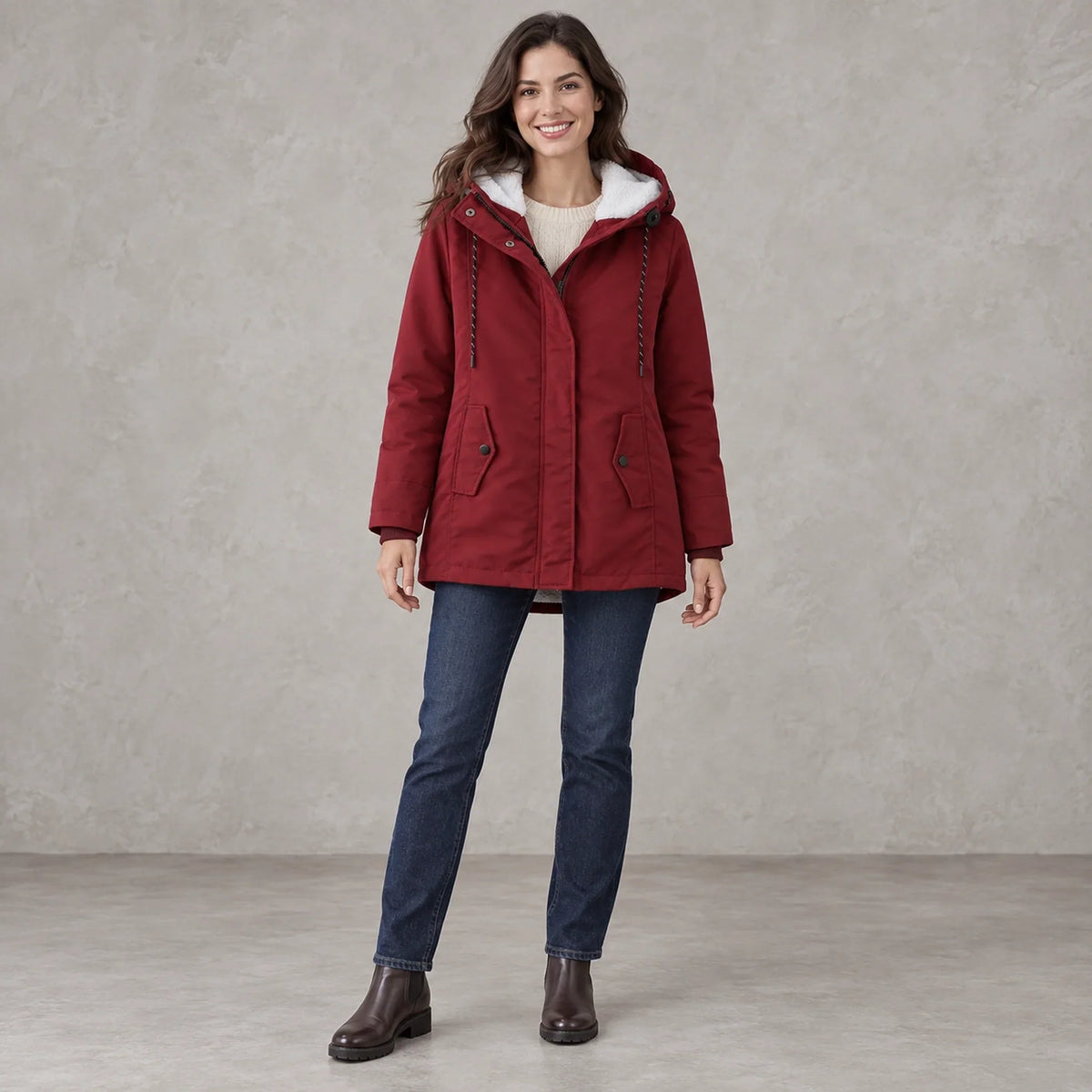 Renske Fleece Lined Hooded Parka - Burgundy