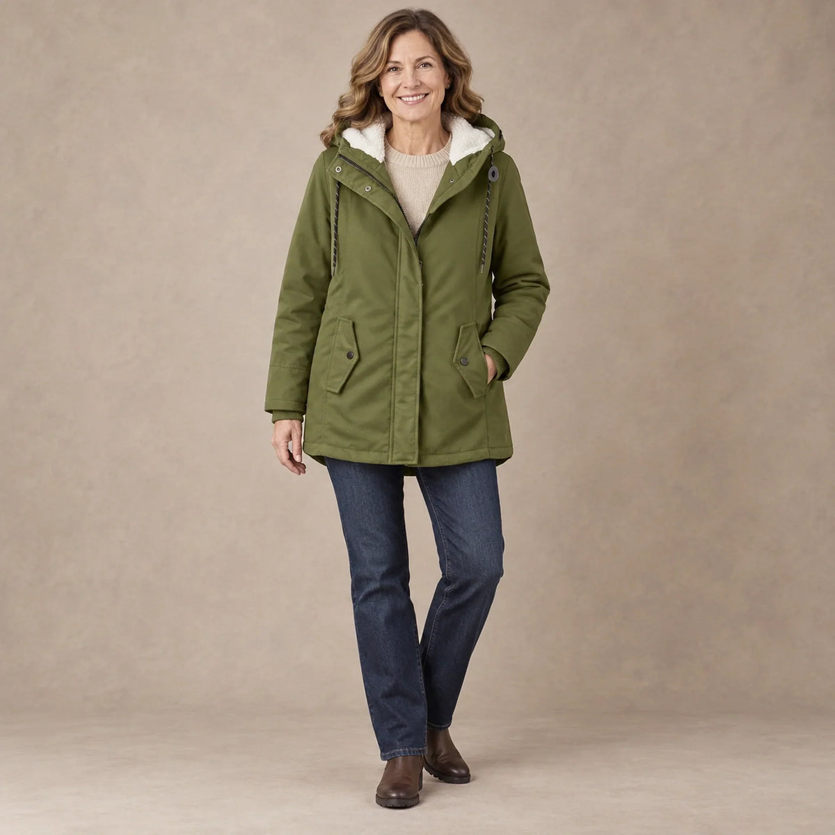 Renske Fleece Lined Hooded Parka - Olive Green