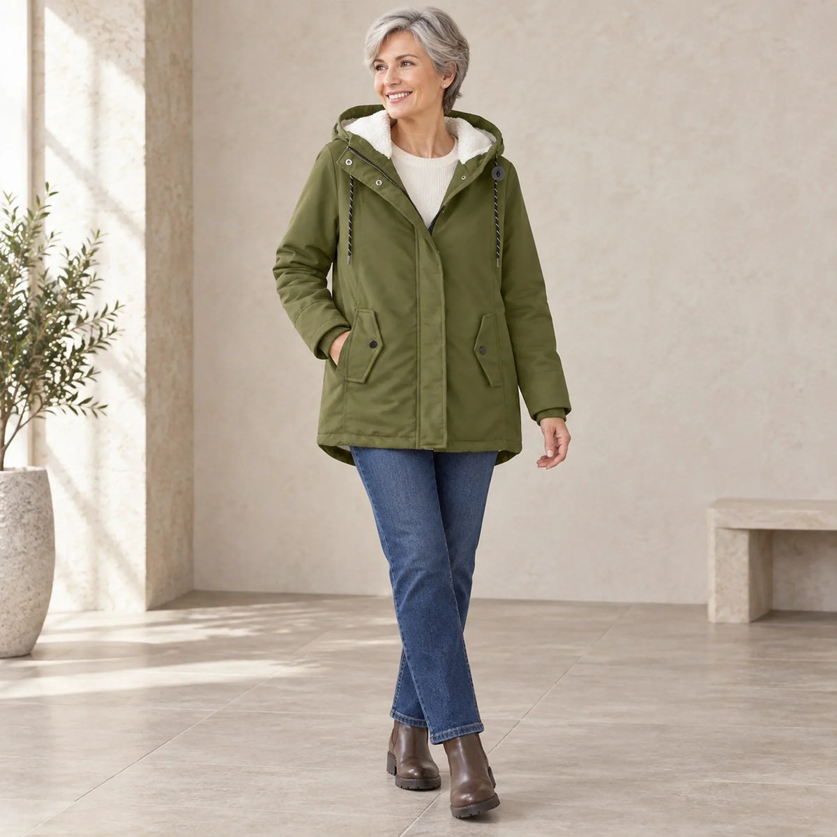 Renske Fleece Lined Hooded Parka - Olive Green