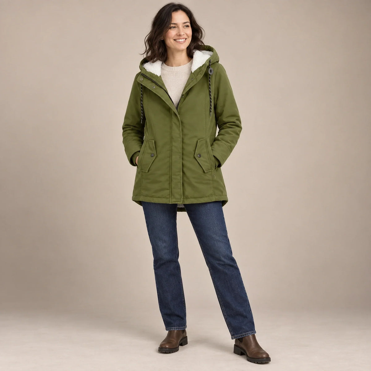 Renske Fleece Lined Hooded Parka - Olive Green