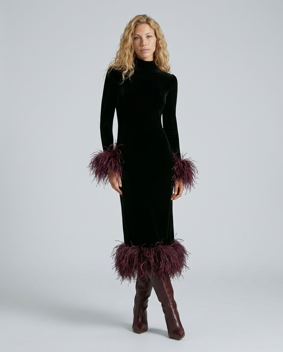 Rhona Feather Trim Velvet Midi Dress - Black and Burgundy