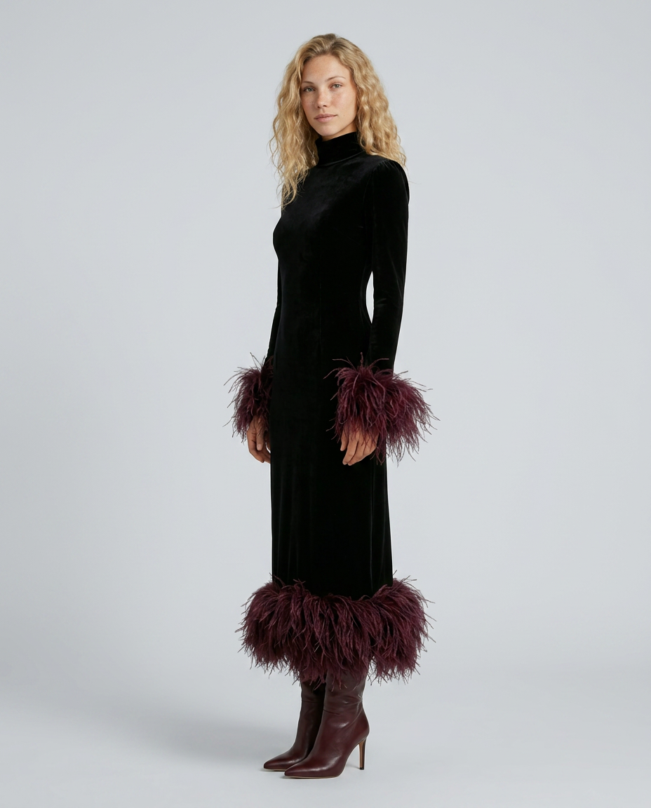 Rhona Feather Trim Velvet Midi Dress - Black and Burgundy