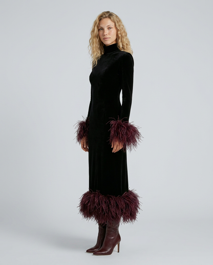 Rhona Feather Trim Velvet Midi Dress - Black and Burgundy