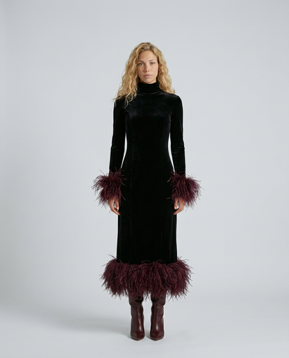Rhona Feather Trim Velvet Midi Dress - Black and Burgundy