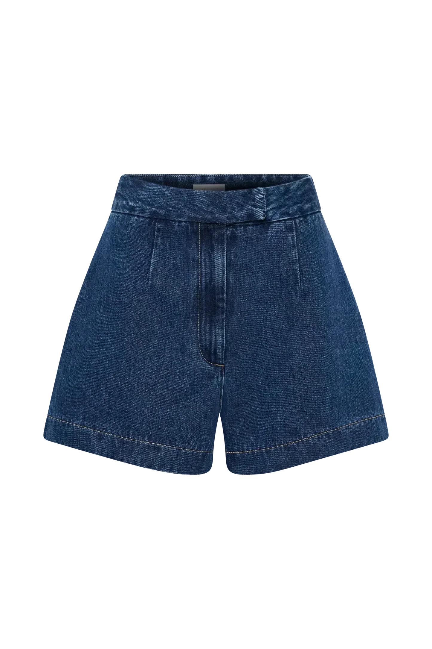Flat lay of blue denim shorts showing waistband and hem construction
