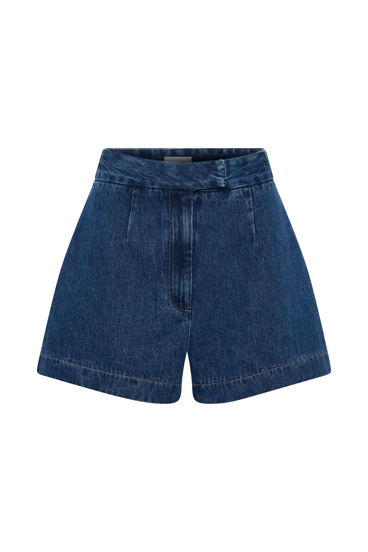 Flat lay of blue denim shorts showing waistband and hem construction