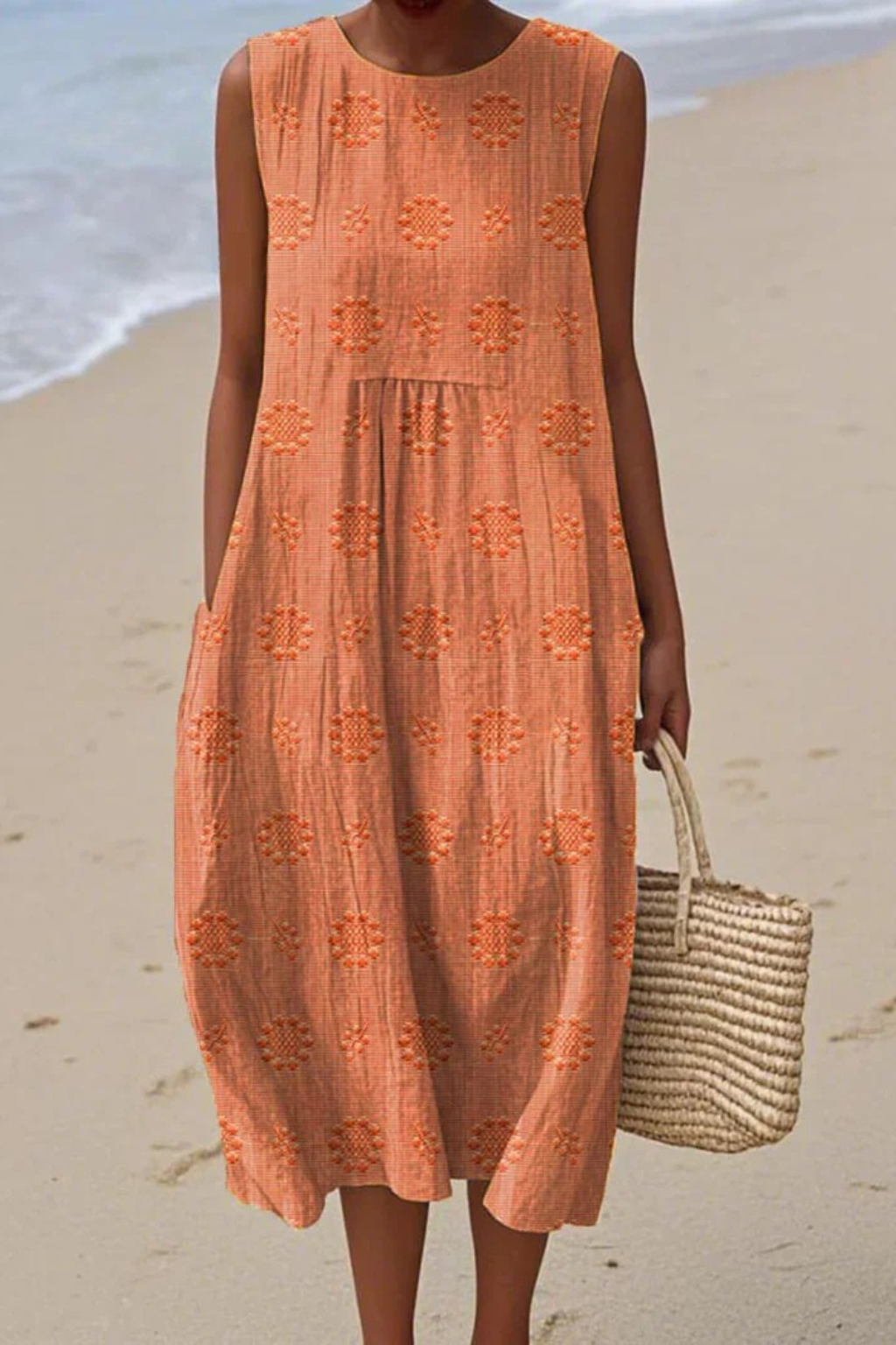 Coral embroidery midi dress with raised geometric embellishments and bubble hem