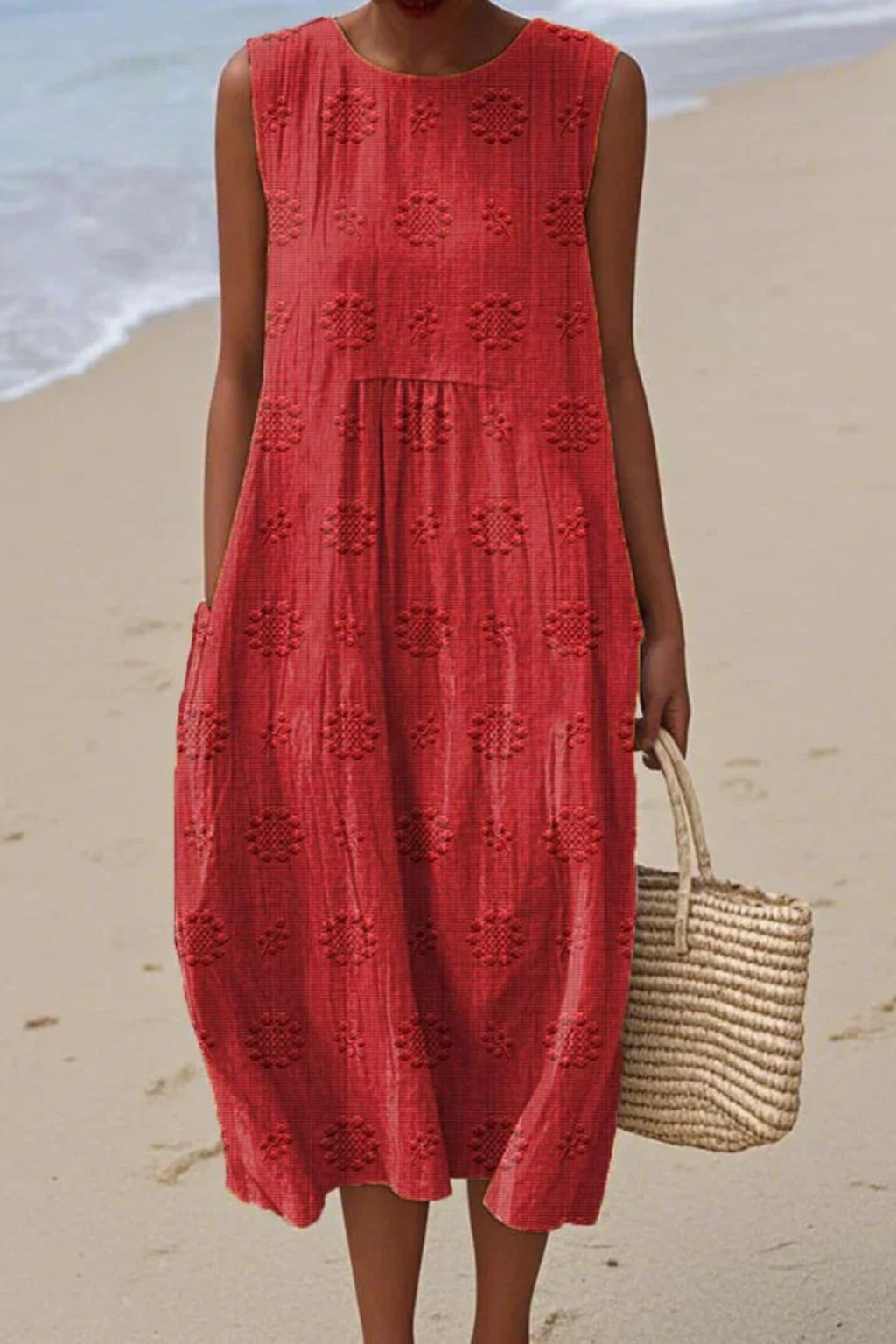 Red embroidery midi dress with dimensional diamond motifs and voluminous skirt