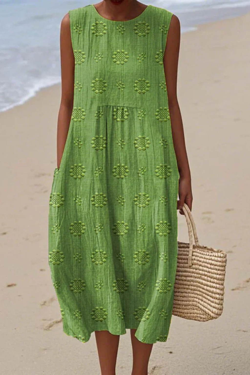 Lime green embroidery midi dress with geometric diamond pattern and tiered skirt