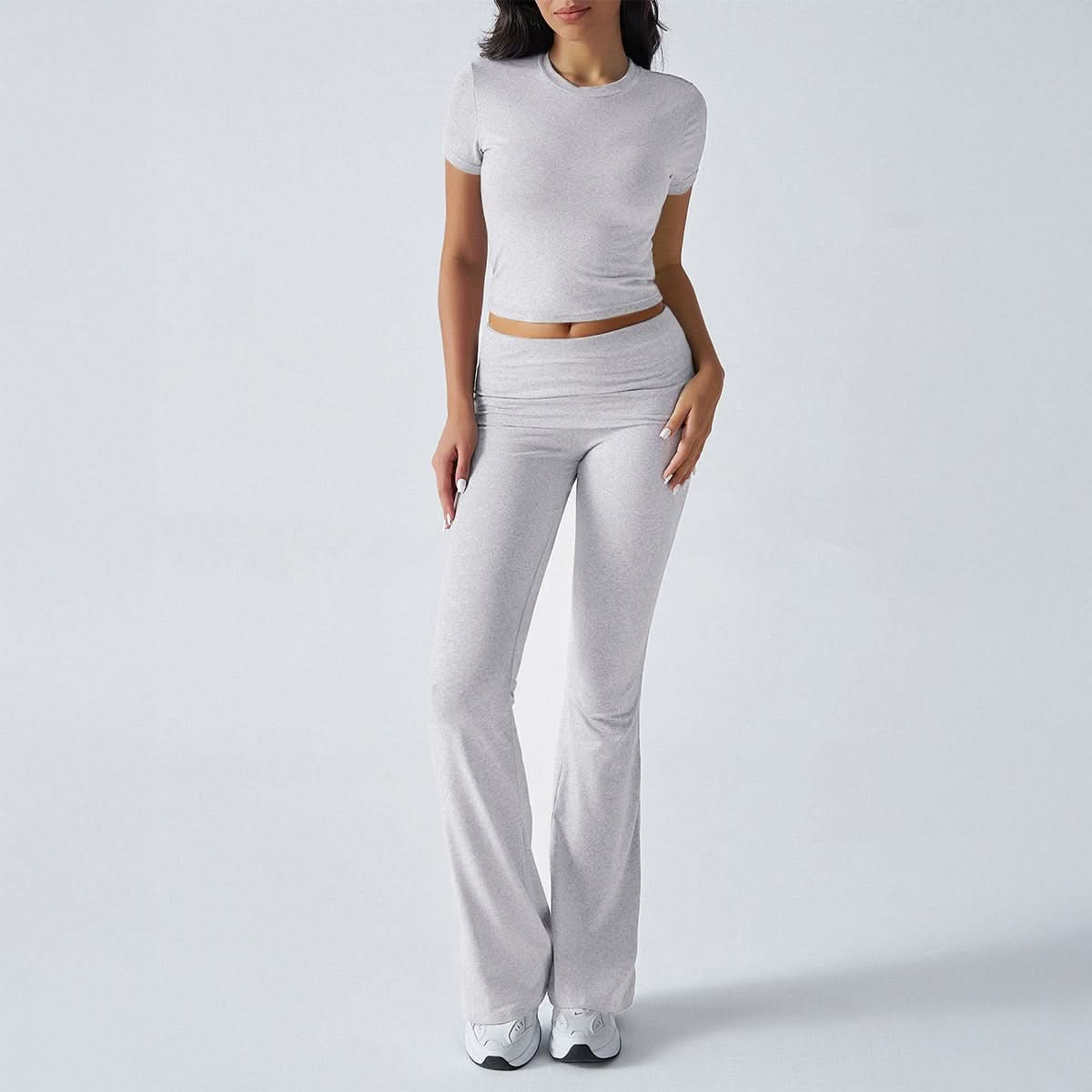 Taupe brown crop tee and ruched waist flared leggings ensemble