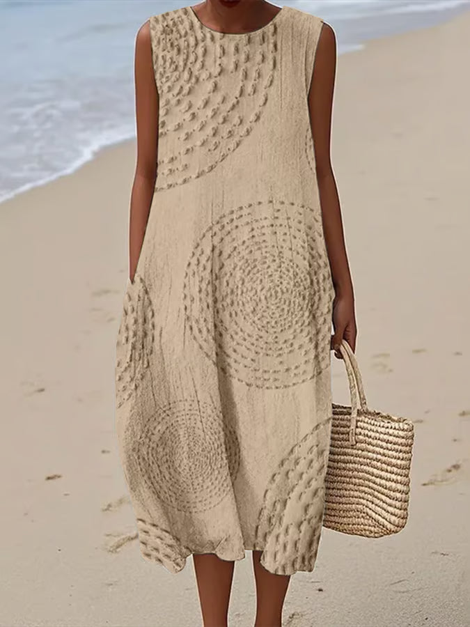 Taupe sleeveless textured maxi dress with dimensional raised circles for women