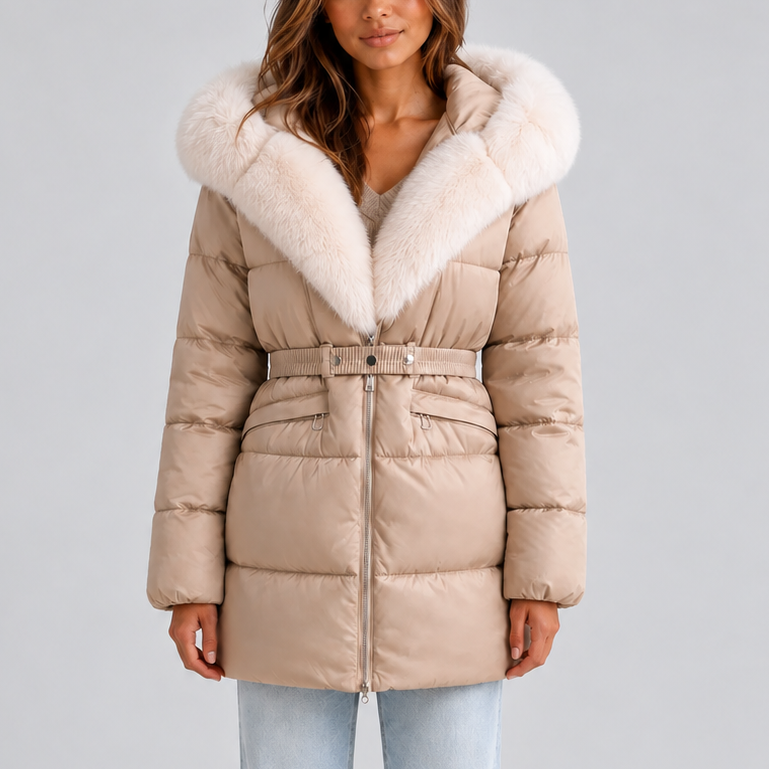 Robyn Belted Faux Fur Puffer Coat - Beige
