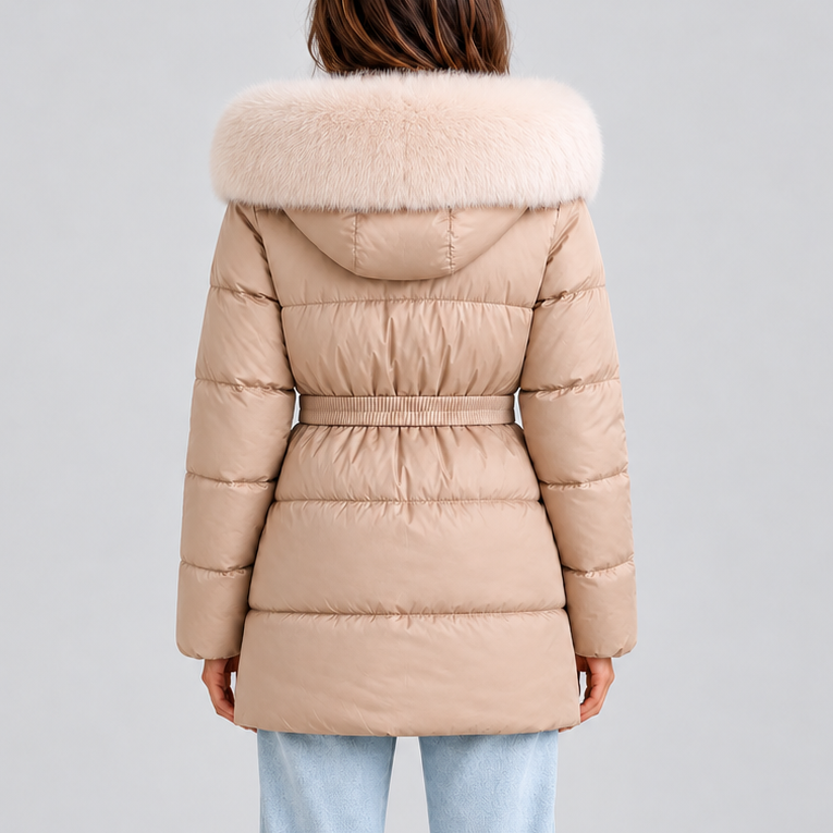 Robyn Belted Faux Fur Puffer Coat - Beige