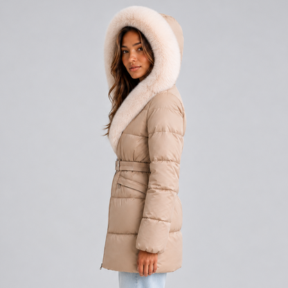 Robyn Belted Faux Fur Puffer Coat - Beige