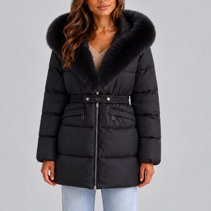 Robyn Belted Faux Fur Puffer Coat - Black