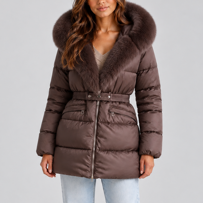 Robyn Belted Faux Fur Puffer Coat - Brown