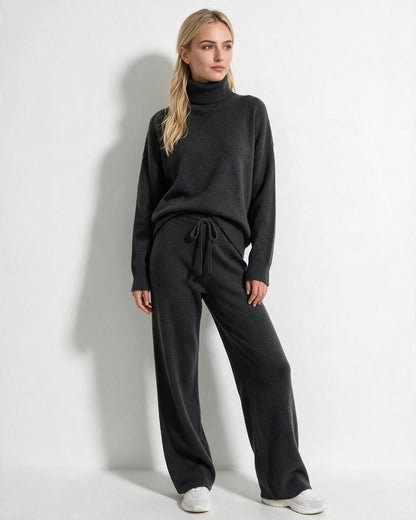 Roisin Turtleneck Wide Leg Loungewear Set - Charcoal Gray
