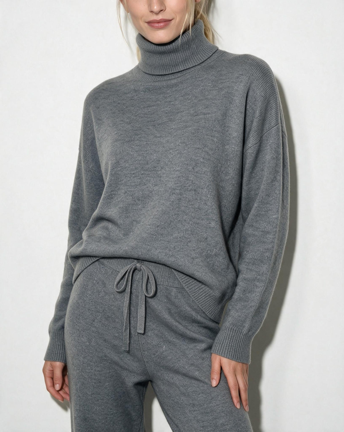 Roisin Turtleneck Wide Leg Loungewear Set - Light Gray