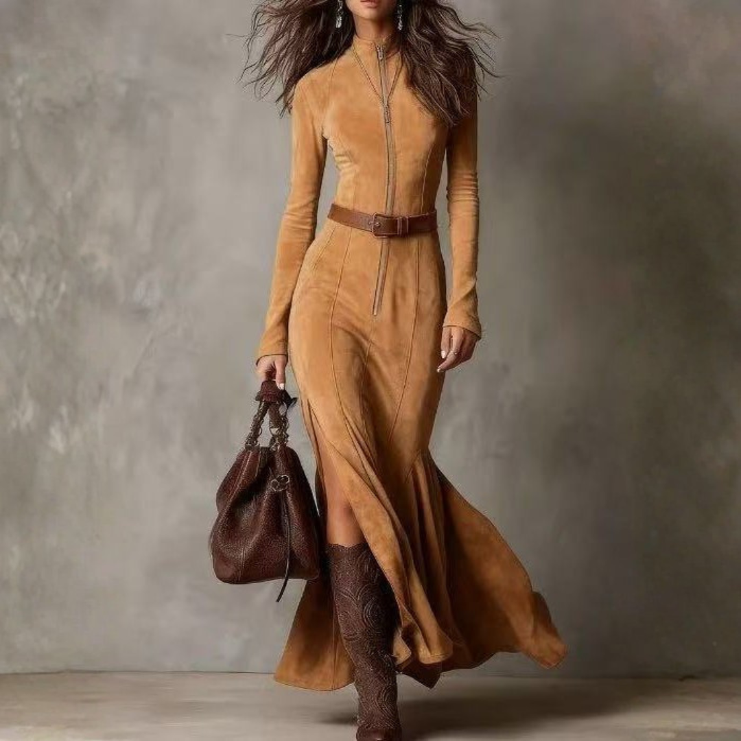 Rona Belted Zip Front Suede Maxi Dress - Camel