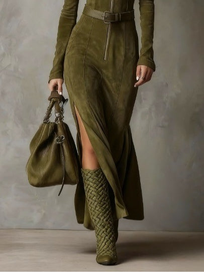 Rona Belted Zip Front Suede Maxi Dress - Olive Green