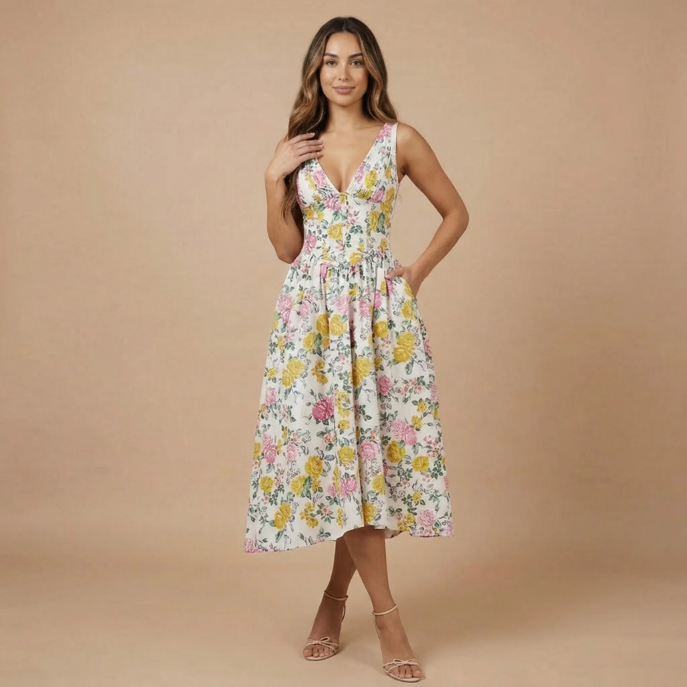 Floral corset midi dress with pink and yellow blooms on cream background