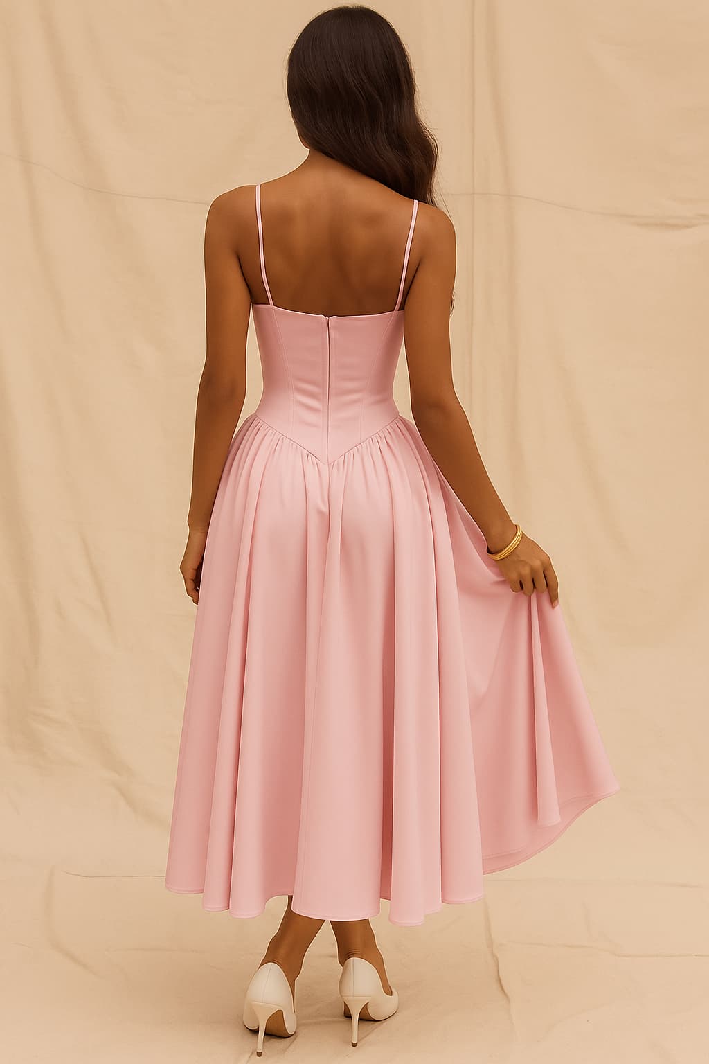 Back view of blush pink corset midi dress with zip closure and spaghetti straps