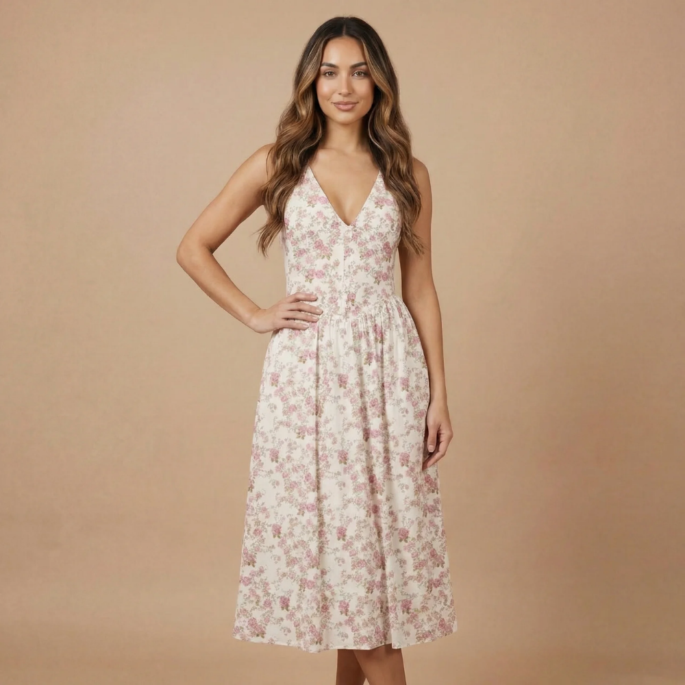 Mauve pink floral corset midi dress with sleeveless V-neckline