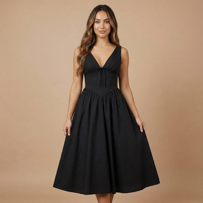 Black sleeveless corset midi dress with V-neck and voluminous skirt