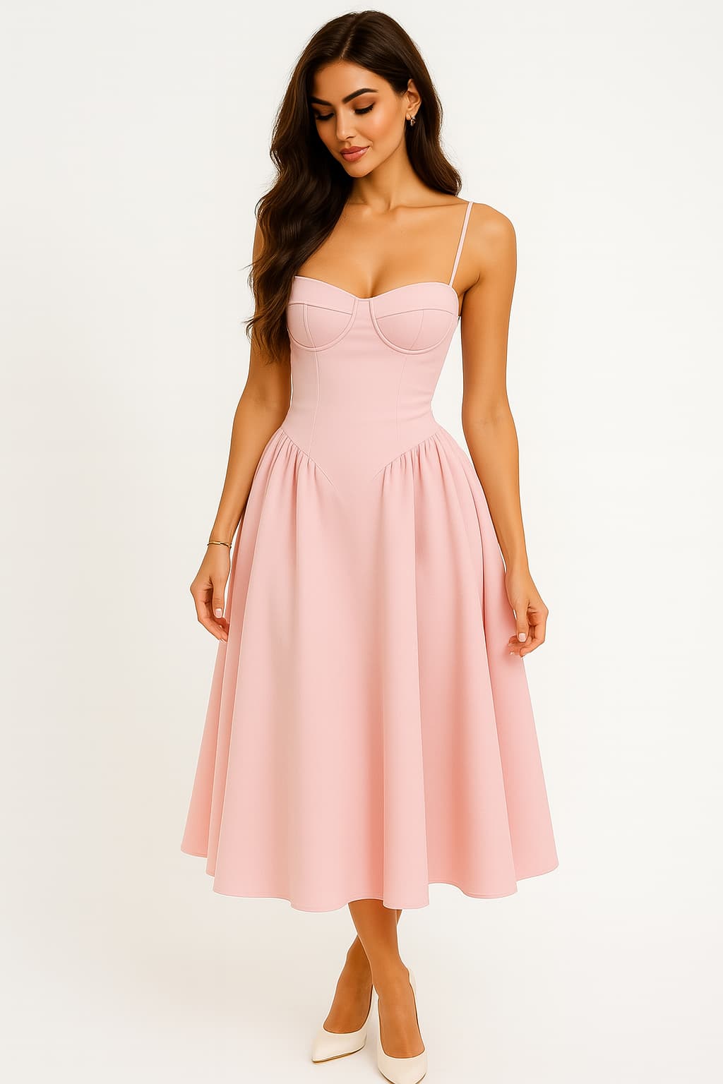 Blush pink corset midi dress with sweetheart neckline and A-line skirt for women
